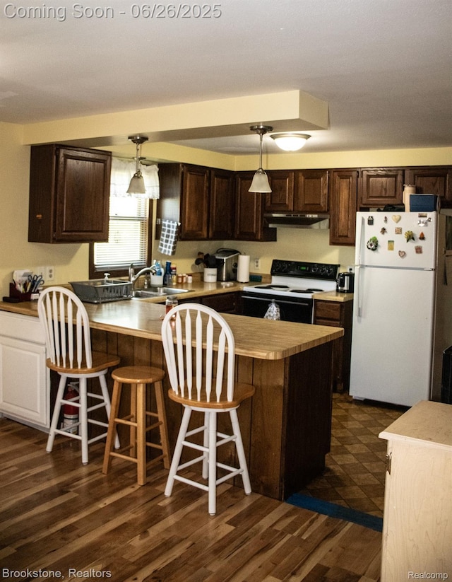 5022 Belsay Rd, Grand Blanc, MI 48439 - kitchen featuring electric range oven, freestanding refrigerator, dark brown cabinetry, under cabinet range hood, and decorative light fixtures