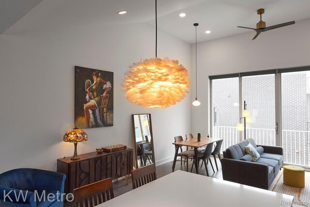 2821 Brush St, Detroit, MI 48201 - dining area with wood finished floors, high vaulted ceiling, ceiling fan, and recessed lighting