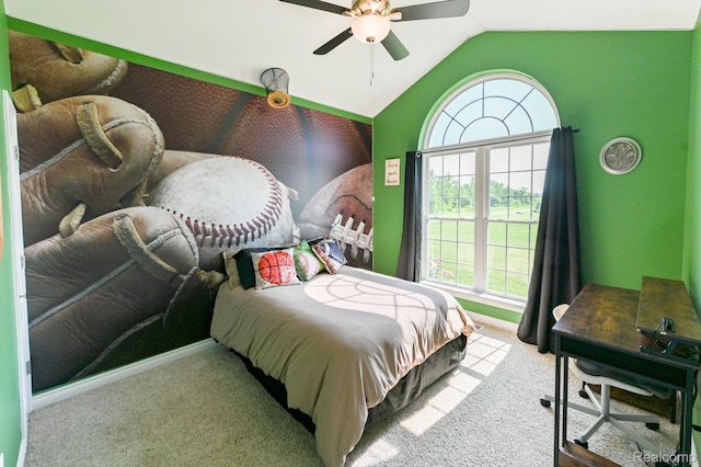 7396 Elms Rd, Swartz Creek, MI 48473 - bedroom featuring carpet flooring, multiple windows, lofted ceiling, and a ceiling fan