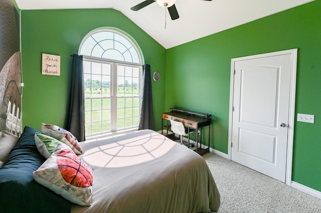7396 Elms Rd, Swartz Creek, MI 48473 - bedroom with carpet flooring, multiple windows, lofted ceiling, and ceiling fan
