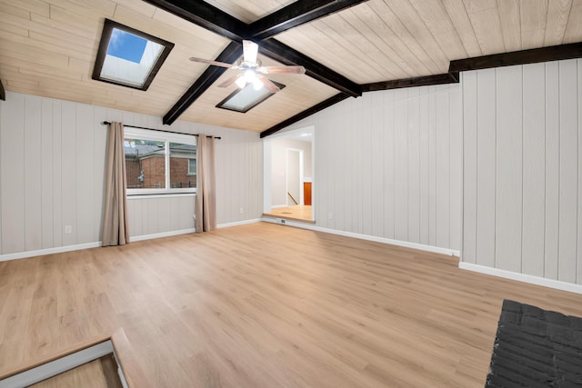 27152 Broadmoor Dr, Warren, MI 48088 - unfurnished living room featuring light wood finished floors, ceiling fan, a skylight, wooden ceiling, and wooden walls