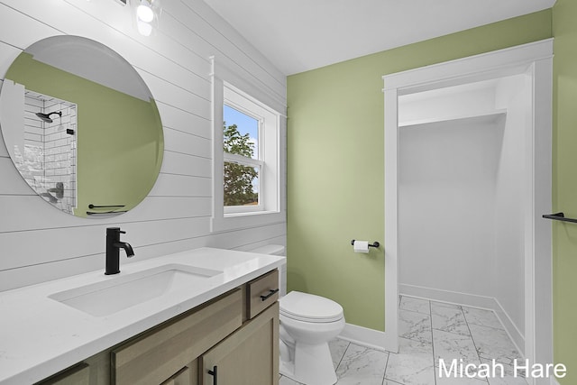 3054 Sehler St, Conklin, MI 49403 - full bath with marble look tile flooring, vanity, wooden walls, and a shower