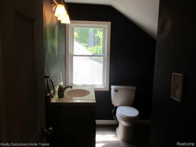 1027 Elmwood St, Port Huron, MI 48060 - bathroom featuring vaulted ceiling, vanity, and wood finished floors