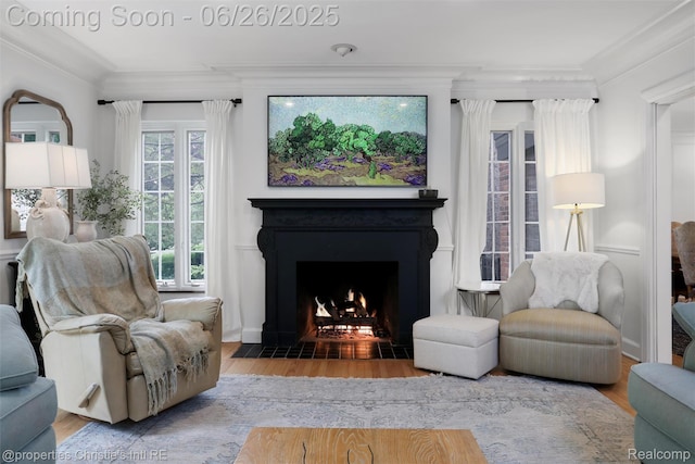 753 Grand Marais St, Grosse Pointe Park, MI 48230 - living area with crown molding, wood finished floors, and a fireplace with flush hearth