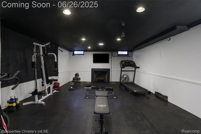753 Grand Marais St, Grosse Pointe Park, MI 48230 - workout area with a fireplace and recessed lighting