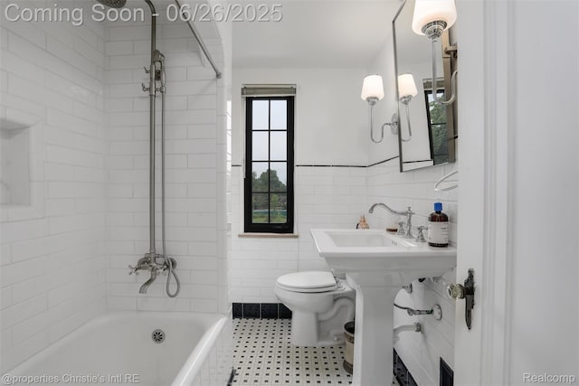 753 Grand Marais St, Grosse Pointe Park, MI 48230 - full bath featuring tile walls, tiled shower / bath combo, and a wainscoted wall