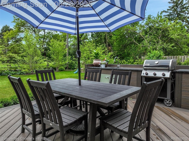 753 Grand Marais St, Grosse Pointe Park, MI 48230 - deck featuring outdoor dining area, a grill, a lawn, and view of wooded area