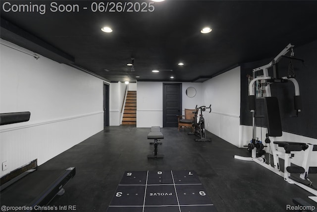 753 Grand Marais St, Grosse Pointe Park, MI 48230 - workout room featuring wainscoting and recessed lighting