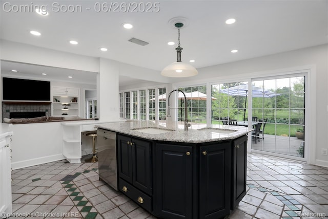 753 Grand Marais St, Grosse Pointe Park, MI 48230 - kitchen featuring stainless steel dishwasher, dark cabinets, recessed lighting, a kitchen island, and pendant lighting