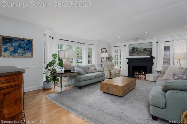 753 Grand Marais St, Grosse Pointe Park, MI 48230 - living area featuring crown molding, a fireplace with flush hearth, light wood-type flooring, and recessed lighting