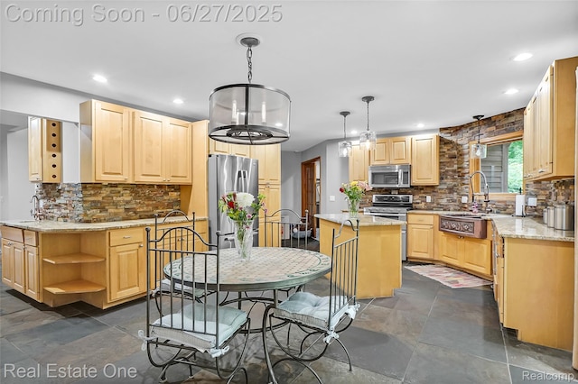 2300 Canyon Ridge Dr, White Lake, MI 48383 - kitchen with stainless steel appliances, decorative backsplash, light brown cabinets, recessed lighting, and open shelves