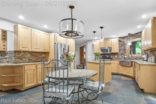2300 Canyon Ridge Dr, White Lake, MI 48383 - kitchen with stainless steel appliances, light brown cabinetry, decorative backsplash, open shelves, and recessed lighting