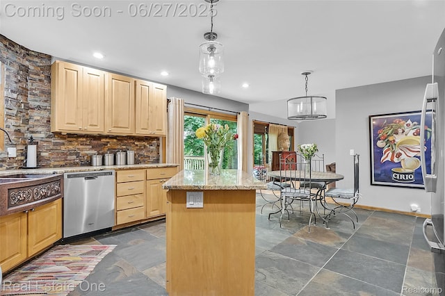 2300 Canyon Ridge Dr, White Lake, MI 48383 - kitchen featuring dishwasher, light brown cabinetry, dark stone finish floors, tasteful backsplash, and a center island