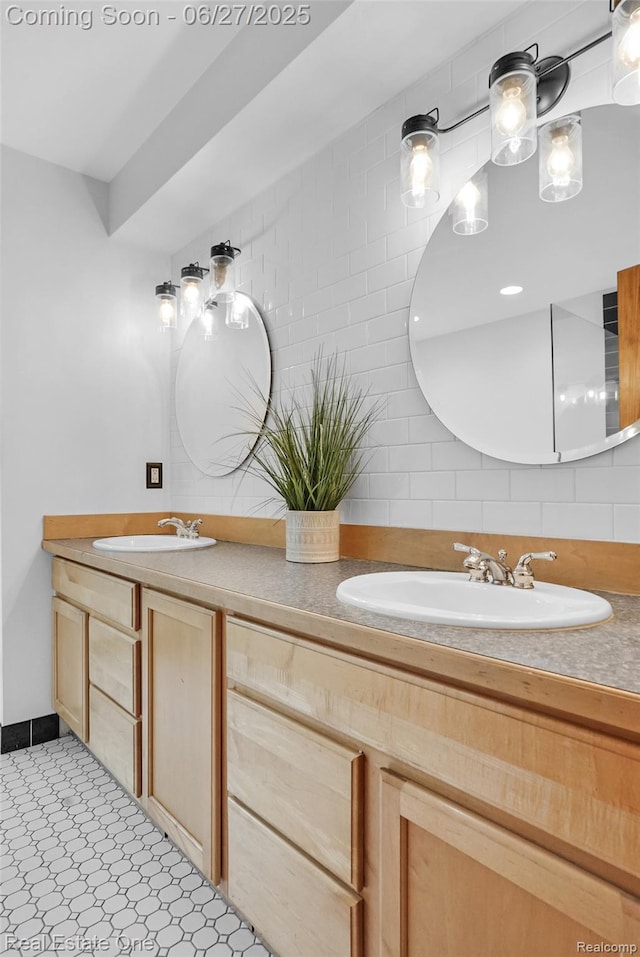 2300 Canyon Ridge Dr, White Lake, MI 48383 - full bathroom with double vanity and decorative backsplash