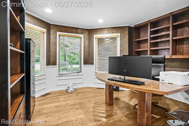 2300 Canyon Ridge Dr, White Lake, MI 48383 - office with wood finished floors, wainscoting, recessed lighting, and crown molding