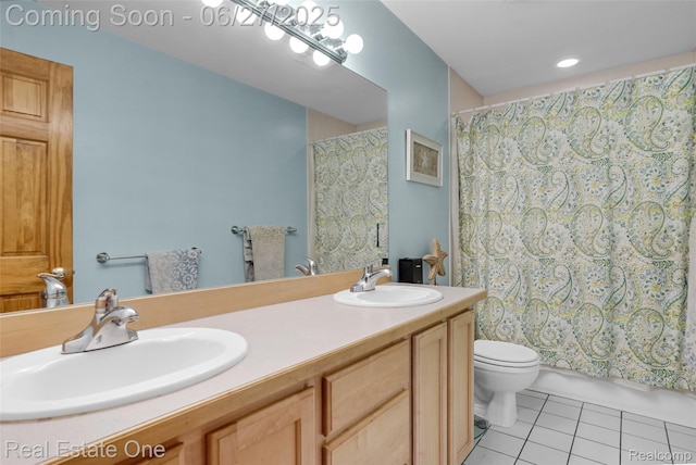 2300 Canyon Ridge Dr, White Lake, MI 48383 - full bath featuring tile patterned flooring, double vanity, and shower / bath combination with curtain