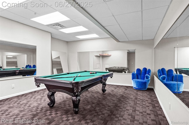 2300 Canyon Ridge Dr, White Lake, MI 48383 - rec room with carpet, billiards, and a drop ceiling
