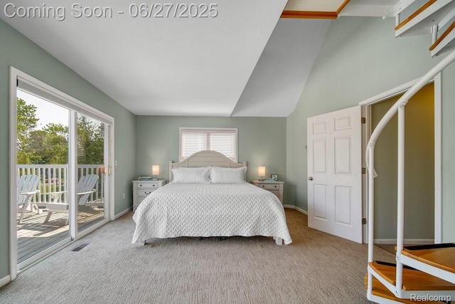 229 Huron St, South Haven, MI 49090 - carpeted bedroom featuring access to outside and lofted ceiling