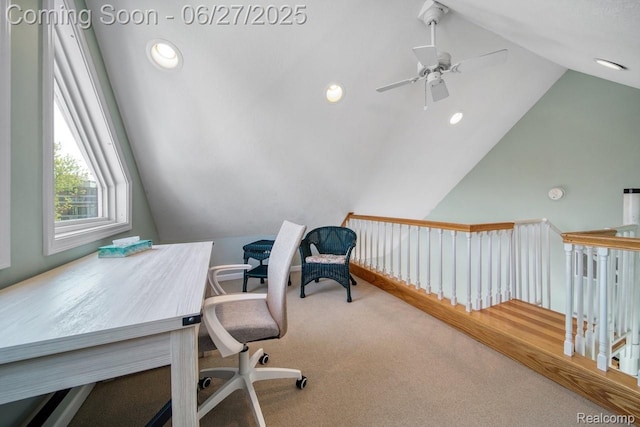 229 Huron St, South Haven, MI 49090 - carpeted office featuring vaulted ceiling, a ceiling fan, and recessed lighting