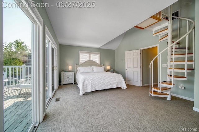 229 Huron St, South Haven, MI 49090 - carpeted bedroom featuring access to exterior and vaulted ceiling