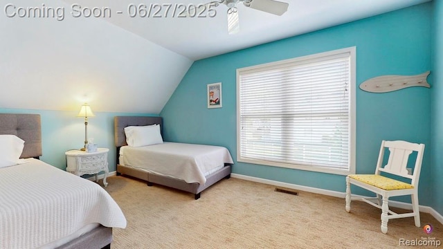 229 Huron St, South Haven, MI 49090 - carpeted bedroom featuring lofted ceiling and ceiling fan