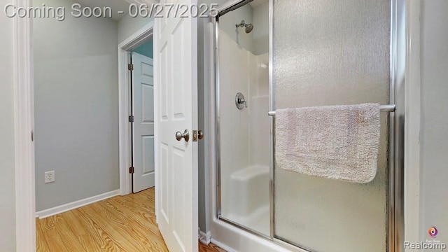 229 Huron St, South Haven, MI 49090 - bathroom with a shower stall and wood finished floors