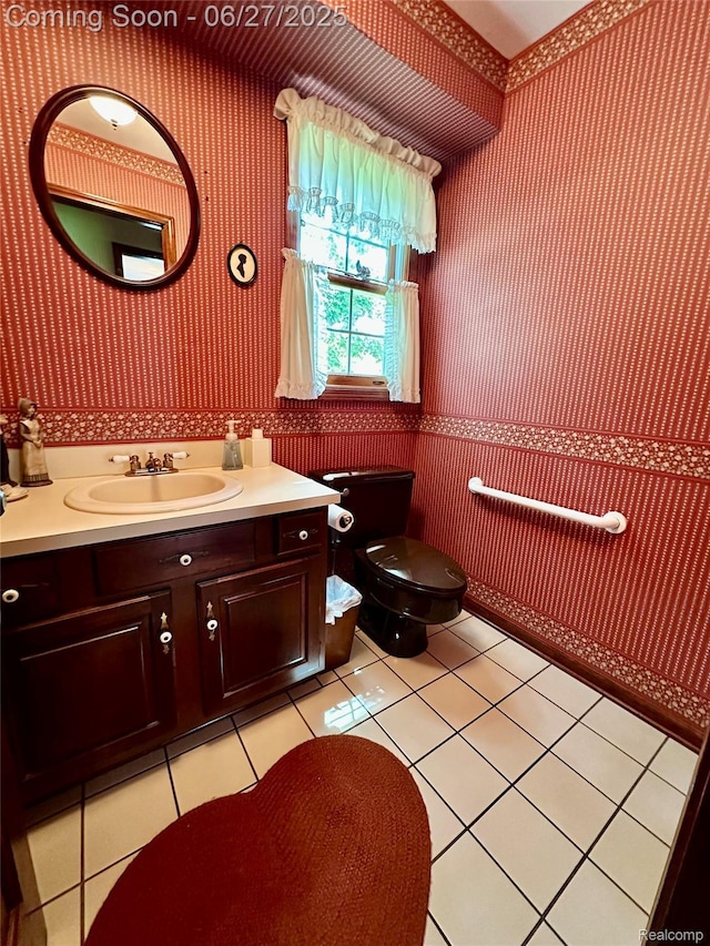 9276 Old Plank Ln, Brighton, MI 48114 - half bathroom featuring wallpapered walls, vanity, and tile patterned floors