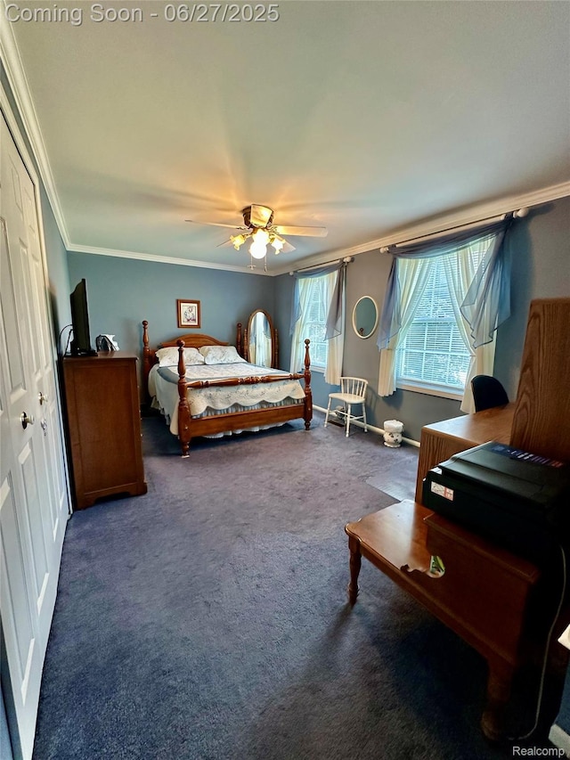 9276 Old Plank Ln, Brighton, MI 48114 - carpeted bedroom featuring crown molding, ceiling fan, and a closet