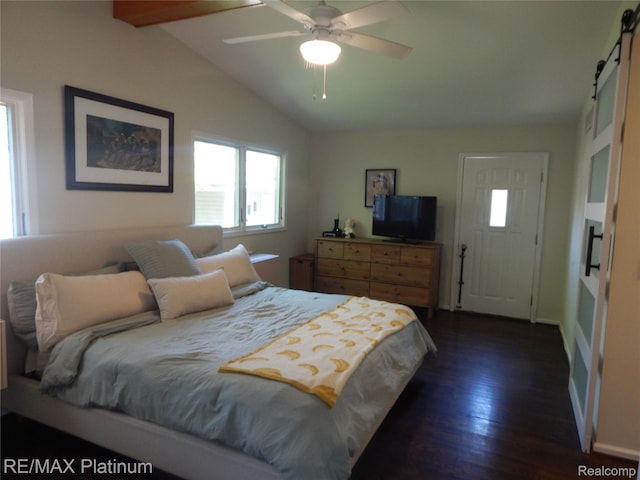 22133 Rosedale St, Saint Clair Shores, MI 48080 - bedroom with vaulted ceiling, dark wood finished floors, a barn door, and a ceiling fan