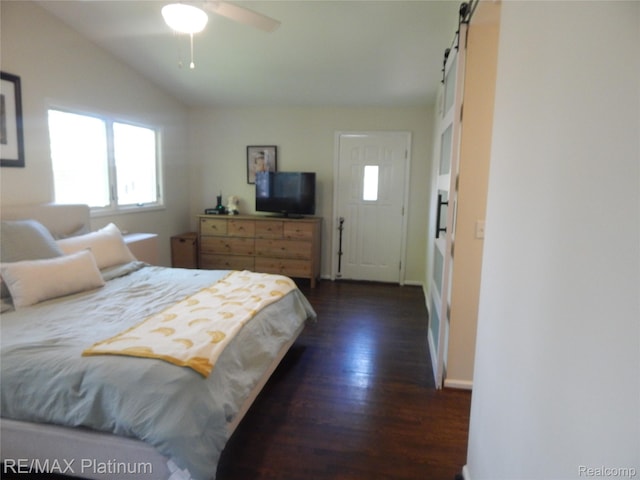 22133 Rosedale St, Saint Clair Shores, MI 48080 - bedroom featuring multiple windows, dark wood-type flooring, a barn door, vaulted ceiling, and a ceiling fan