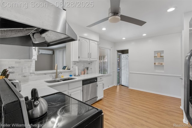 21415 Lathrup St, Southfield, MI 48075 - kitchen featuring dishwasher, a ceiling fan, extractor fan, black range with electric stovetop, and white cabinetry