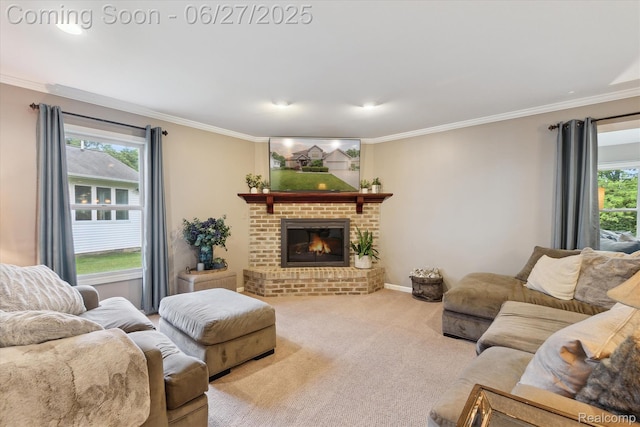 1453 Maplewood Dr, Saline, MI 48176 - carpeted living room featuring crown molding, a fireplace, and healthy amount of natural light