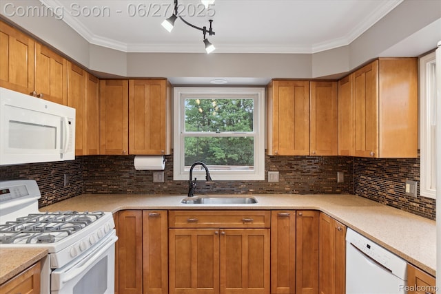 1453 Maplewood Dr, Saline, MI 48176 - kitchen featuring white appliances, decorative backsplash, light countertops, rail lighting, and crown molding