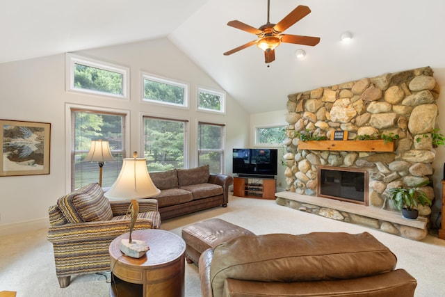 9708 Oakland Dr, Portage, MI 49024 - carpeted living area featuring a ceiling fan, high vaulted ceiling, and a fireplace
