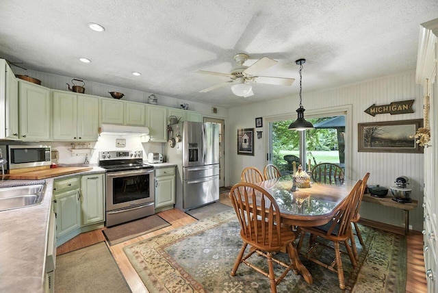 8454 Stickles Rd, Three Oaks, MI 49128 - kitchen with stainless steel appliances, light wood finished floors, a textured ceiling, under cabinet range hood, and light countertops
