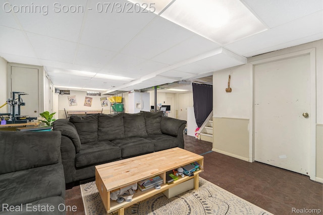 29038 Spoon Ave, Madison Heights, MI 48071 - living area featuring a drop ceiling, carpet flooring, and stairs