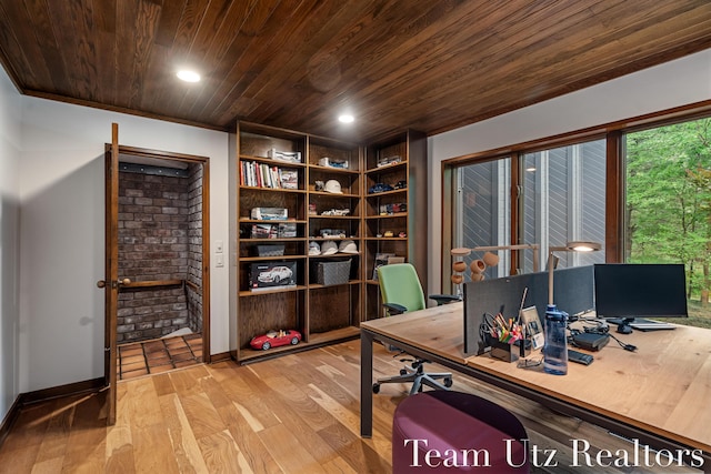 410 Greentree Ln NE, Ada, MI 49301 - home office featuring wood ceiling, light wood finished floors, built in features, and recessed lighting
