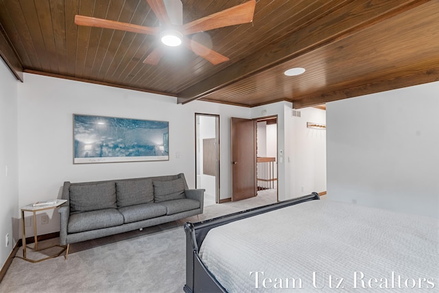 410 Greentree Ln NE, Ada, MI 49301 - bedroom featuring a wood ceiling with exposed beams, carpet, and ceiling fan