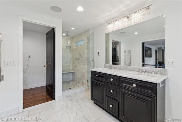 4438 Stony River Dr, Bloomfield Hills, MI 48301 - full bathroom with a stall shower, double vanity, marble look tiles, and recessed lighting