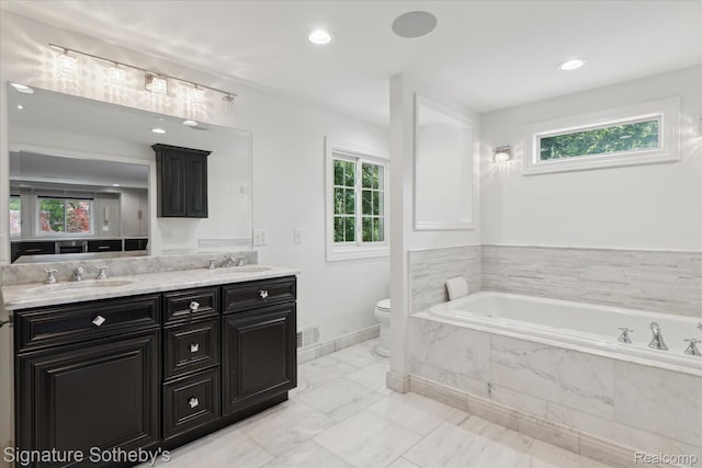 4438 Stony River Dr, Bloomfield Hills, MI 48301 - full bathroom with double vanity, a bath, marble look tiles, and recessed lighting