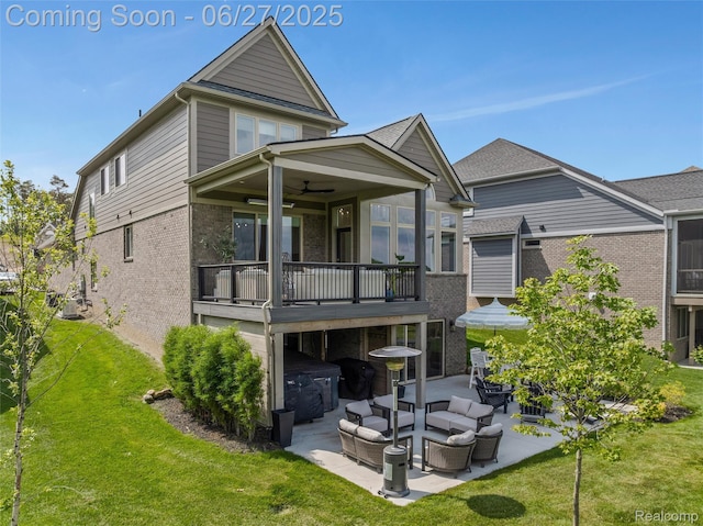 8264 Stoney Creek Dr, South Lyon, MI 48178 - rear view of house featuring a patio, brick siding, a yard, an outdoor hangout area, and ceiling fan