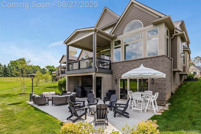 8264 Stoney Creek Dr, South Lyon, MI 48178 - back of property featuring an outdoor living space with a fire pit, a balcony, a yard, a patio, and brick siding