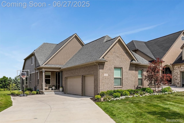 8264 Stoney Creek Dr, South Lyon, MI 48178 - view of front of property featuring a garage, a front lawn, concrete driveway, and brick siding