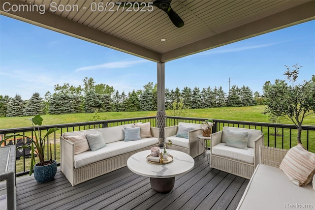 8264 Stoney Creek Dr, South Lyon, MI 48178 - wooden terrace featuring an outdoor living space, a ceiling fan, view of wooded area, and a yard