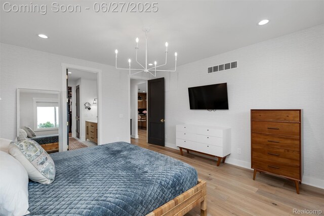 8264 Stoney Creek Dr, South Lyon, MI 48178 - bedroom with light wood finished floors, a chandelier, and recessed lighting