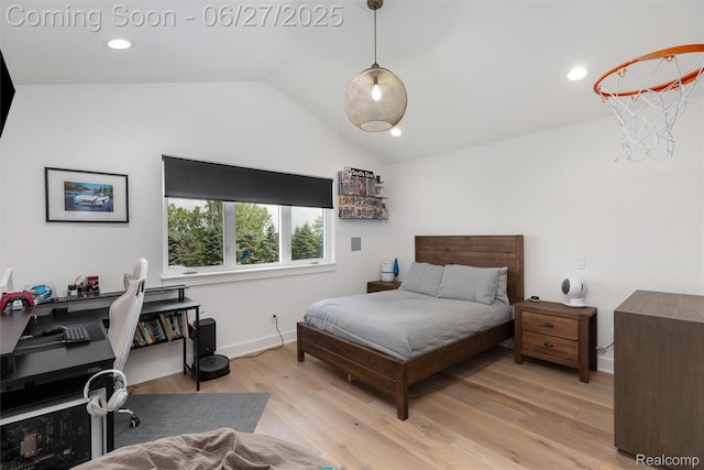 8264 Stoney Creek Dr, South Lyon, MI 48178 - bedroom featuring lofted ceiling, light wood-style flooring, and recessed lighting