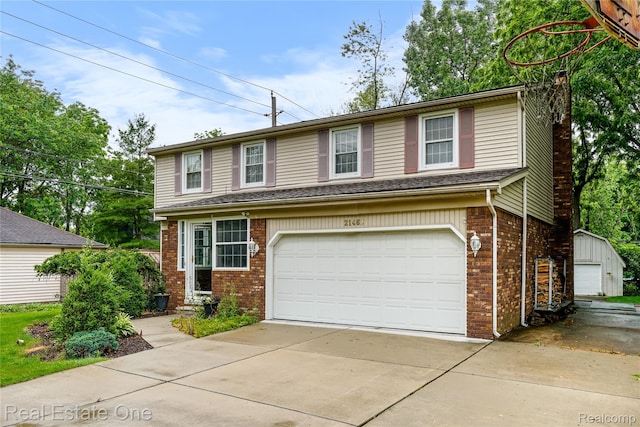 21462 Meridian Rd, Grosse Ile, MI 48138 - view of front of property with an attached garage, brick siding, concrete driveway, and a chimney