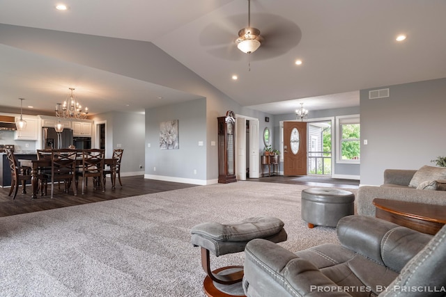 21491 8th Ave, Conklin, MI 49403 - living room with a chandelier, lofted ceiling, recessed lighting, dark carpet, and a ceiling fan