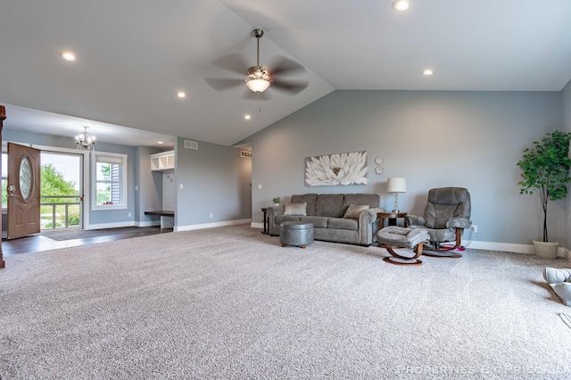 21491 8th Ave, Conklin, MI 49403 - carpeted living area with a ceiling fan, recessed lighting, a chandelier, and lofted ceiling