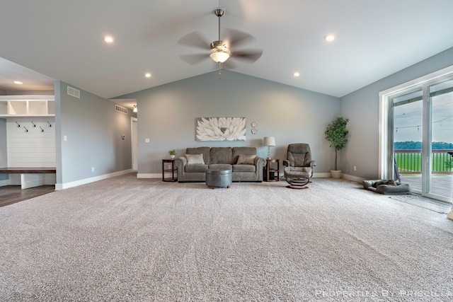 21491 8th Ave, Conklin, MI 49403 - living room featuring carpet, ceiling fan, vaulted ceiling, and recessed lighting